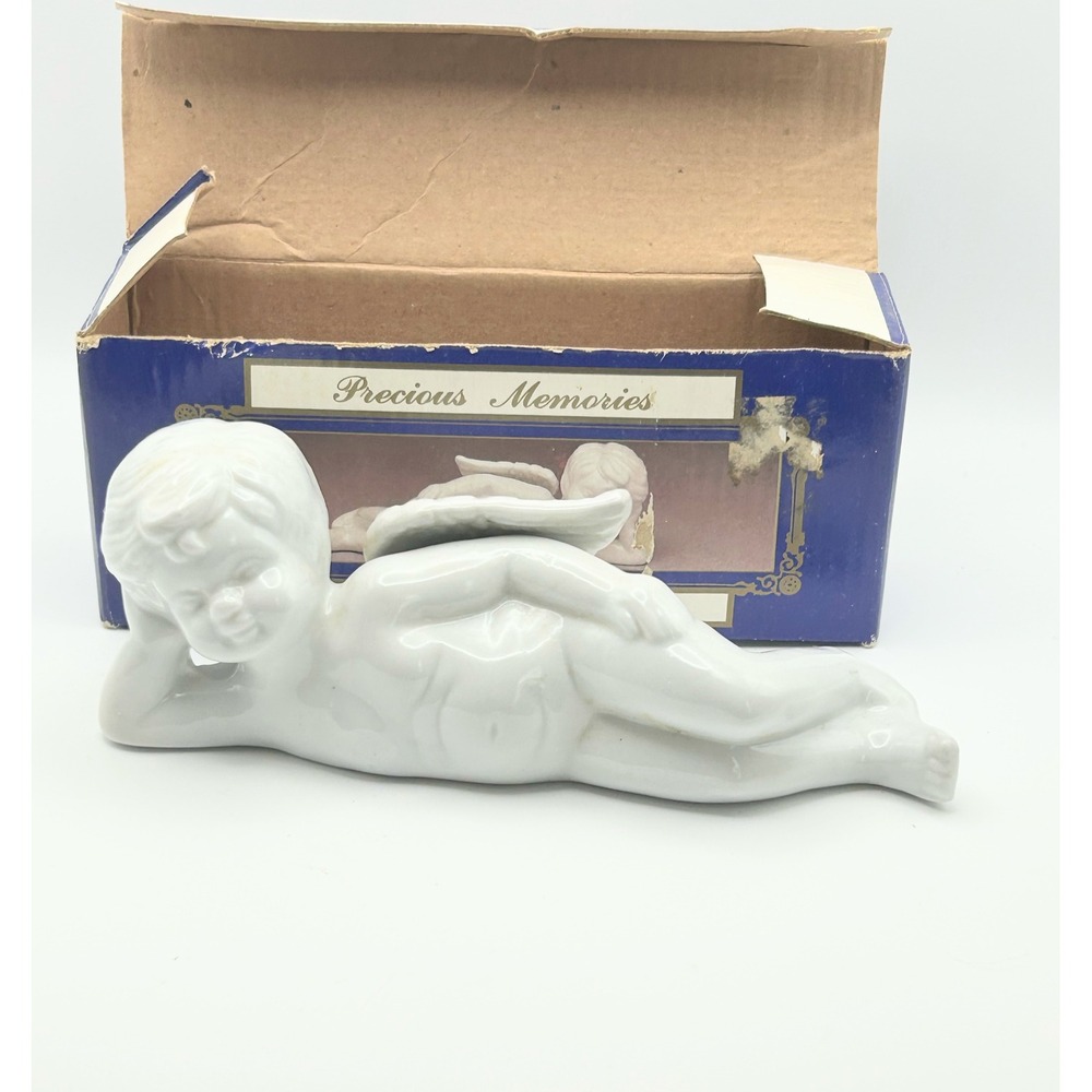Precious Memories Classic Collection White Porcelain Reclining Cherub Angel 7.5"